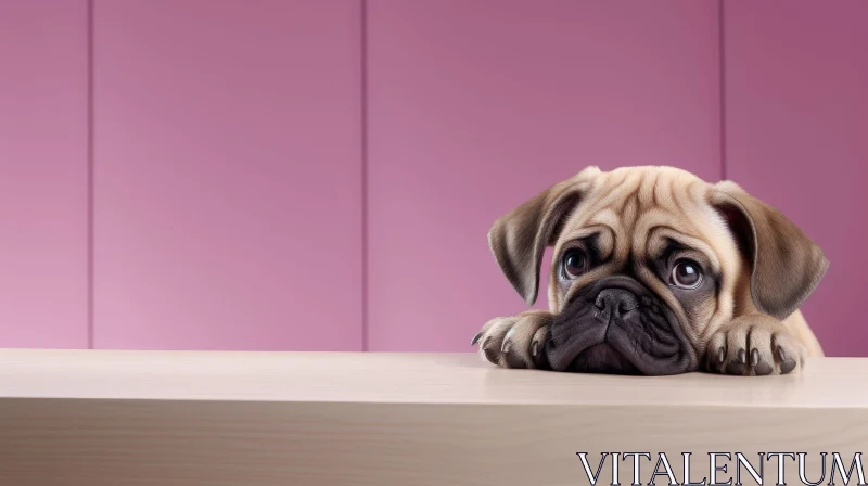 Melancholic Pug Puppy on Wooden Table AI Image