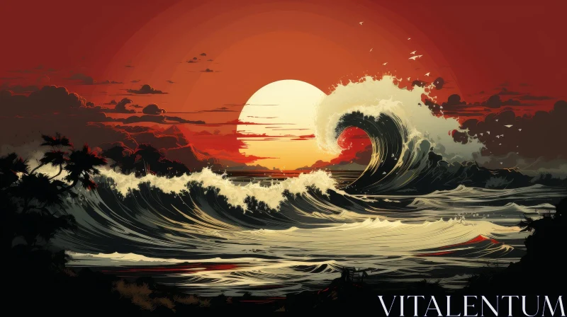 Powerful Sunset Sea Digital Painting AI Image