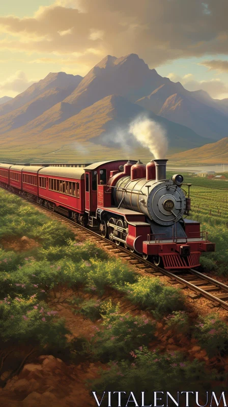 AI ART Red Steam Train in Lush Green Valley