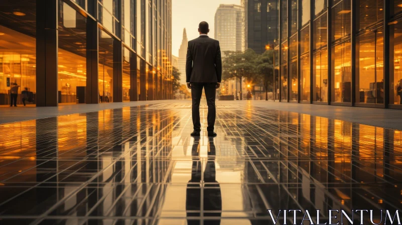 Urban Cityscape: Man in Suit gazing at Tall Buildings AI Image
