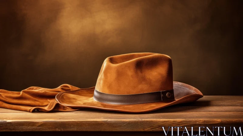Vintage Style Brown Suede Cowboy Hat on Wooden Table AI Image