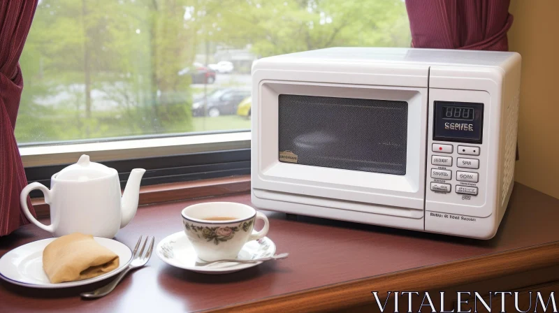 White Microwave Oven and Teapot on Wooden Table AI Image