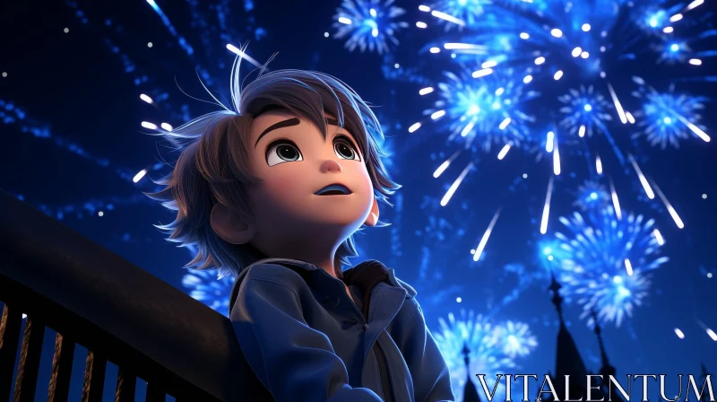 AI ART Young Boy Watching Fireworks Display in 3D Rendering