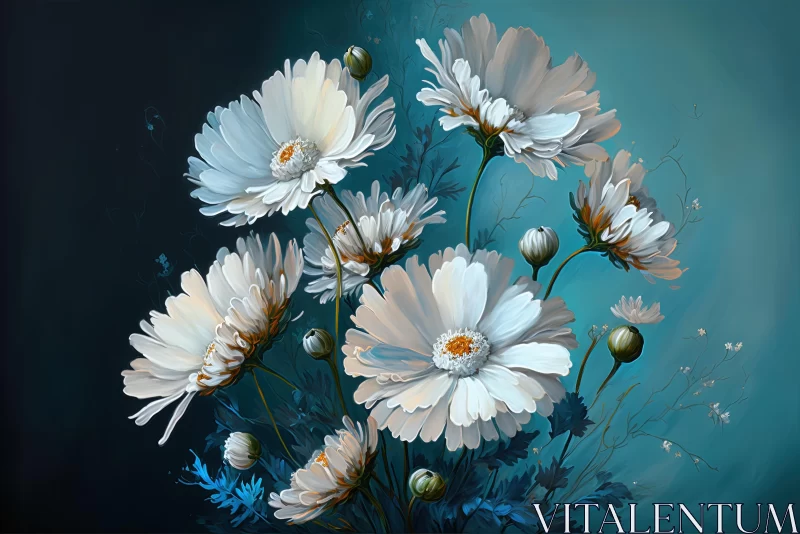 Detailed White Flowers Painting on Blue Background AI Image