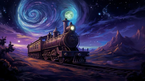 Night Train Crossing Desert Painting