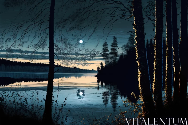 Romantic Moonlit Seascapes: A Captivating Digital Painting of Trees AI Image