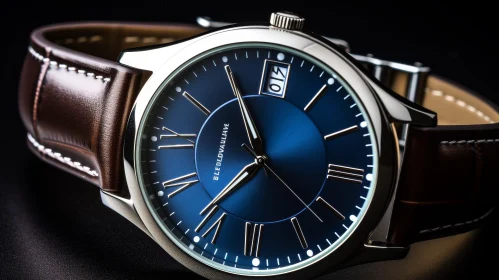 Stylish Blue Dial Wristwatch with Roman Numerals on Brown Leather Strap
