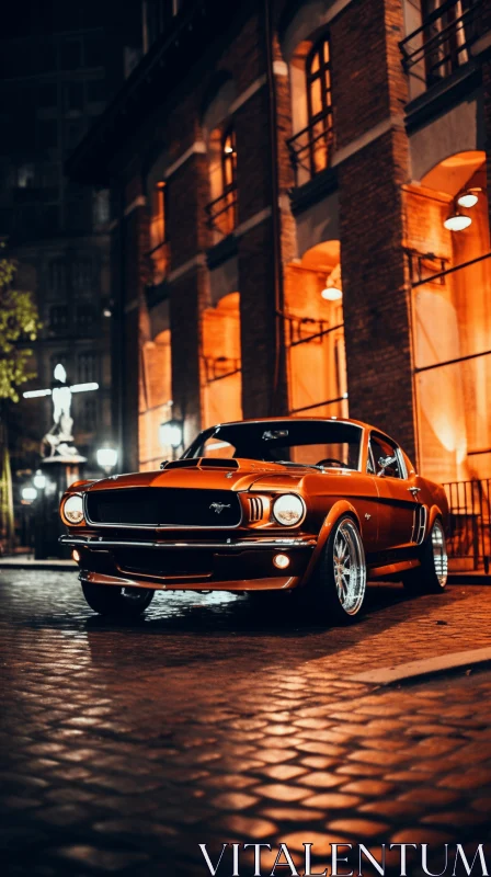 Vintage Orange Mustang Parked on City Street at Night - 32k UHD AI Image