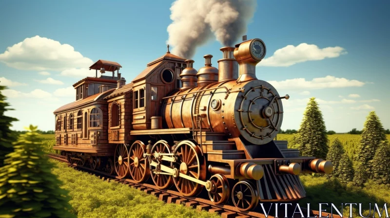 Vintage Steam Locomotive in Green Field AI Image