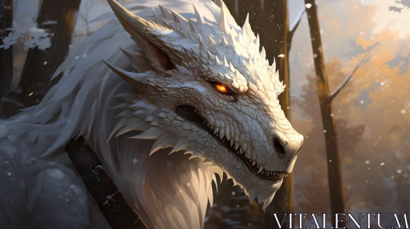 White Dragon in Snowy Forest Digital Painting AI Image