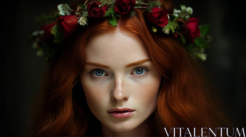 AI ART Young Woman Portrait with Red Hair and Crown of Roses