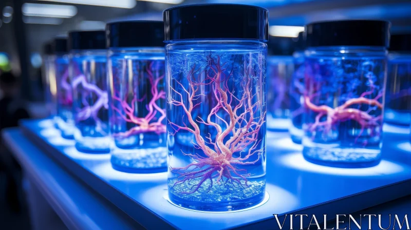 Blue Liquid and Coral-Like Structures in Glass Jars AI Image