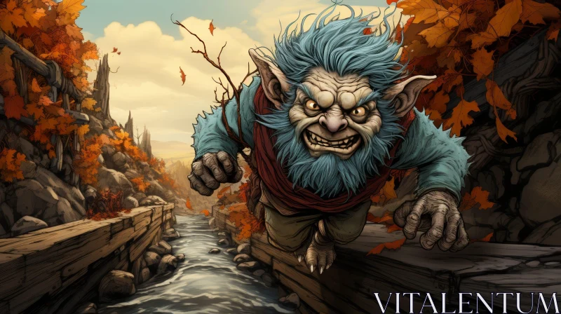 Blue-Skinned Goblin Cartoon Running Over Wooden Bridge AI Image