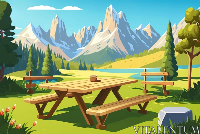 Captivating Mountain Landscape with Picnic Table - Cartoon Compositions AI Image
