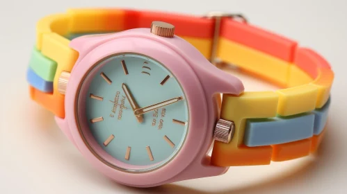 Colorful Pink Plastic Watch with Rainbow Strap