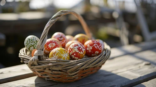 Easter Eggs Basket on Wooden Table