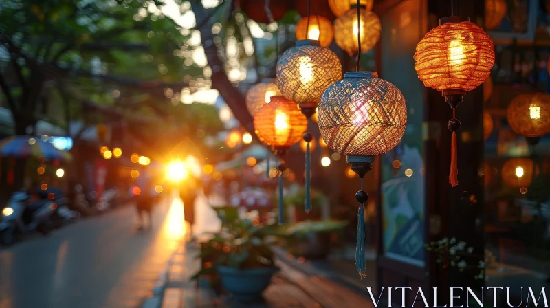 Enchanting Night Street Scene with Paper Lanterns AI Image