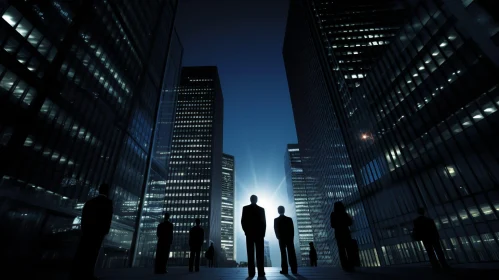 Enigmatic Night Scene of Business People and Skyscrapers