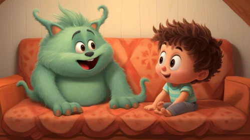 Green Furry Monster and Human Boy on Couch