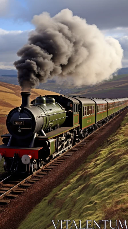 Green Steam Locomotive on Railroad Tracks AI Image