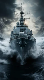 Modern Warship in Stormy Sea