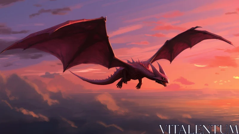 Purple Dragon Flying in Pink and Purple Sky AI Image