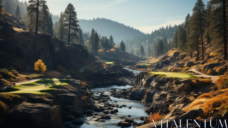 Tranquil Golf Course Landscape in Mountain Valley AI Image