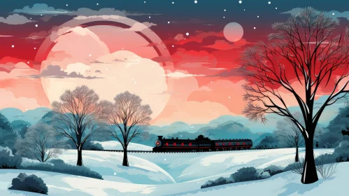 Winter Landscape with Passing Train and Moon
