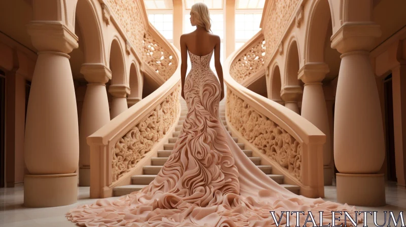 Blush Haute Couture Wedding Dress Model on Grand Staircase AI Image
