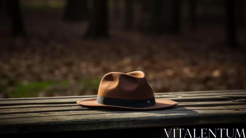 Brown Felt Hat on Wooden Table in Forest Setting AI Image