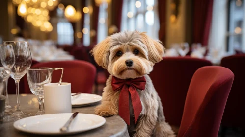 Charming Dog in Red Bow Tie at Restaurant