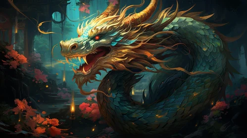 Chinese Dragon Digital Painting in Enchanted Forest