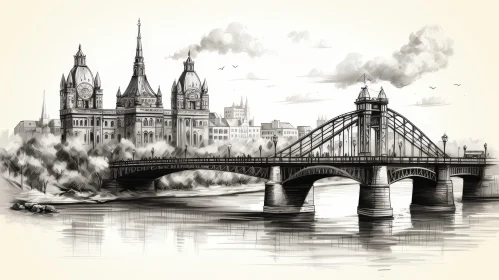 Cityscape Drawing: Detailed Black and White Urban Scene