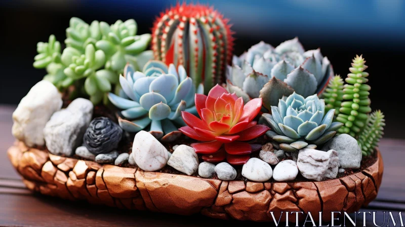 Colorful Succulents and Cacti in Rustic Container AI Image