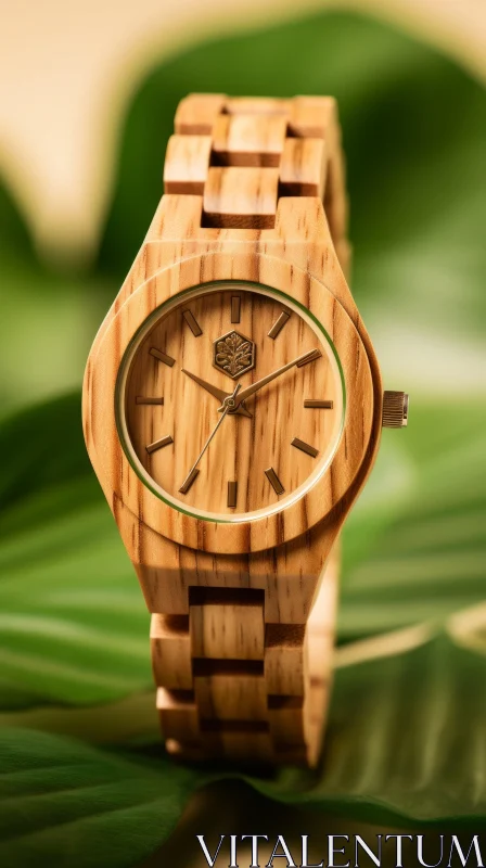 Eco-Friendly Wooden Watch on Green Leaf | Stylish Timepiece AI Image
