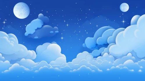 Enchanting Cartoon Night Sky with Moons and Stars