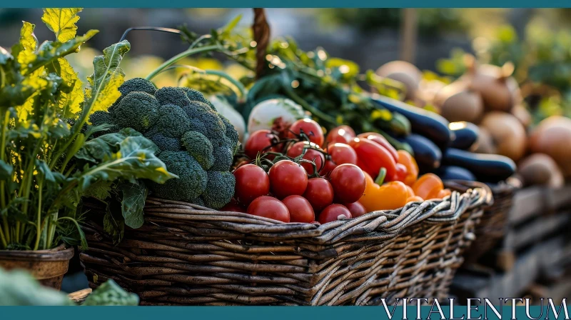 Freshly-Harvested Vegetable Basket on Wooden Table AI Image