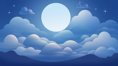 Night Cartoon Landscape with Moon and Clouds