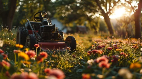 Red Lawn Mower in Colorful Flower Field