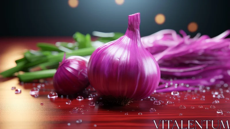 Red Onion on Wooden Table - Close-up Photo AI Image