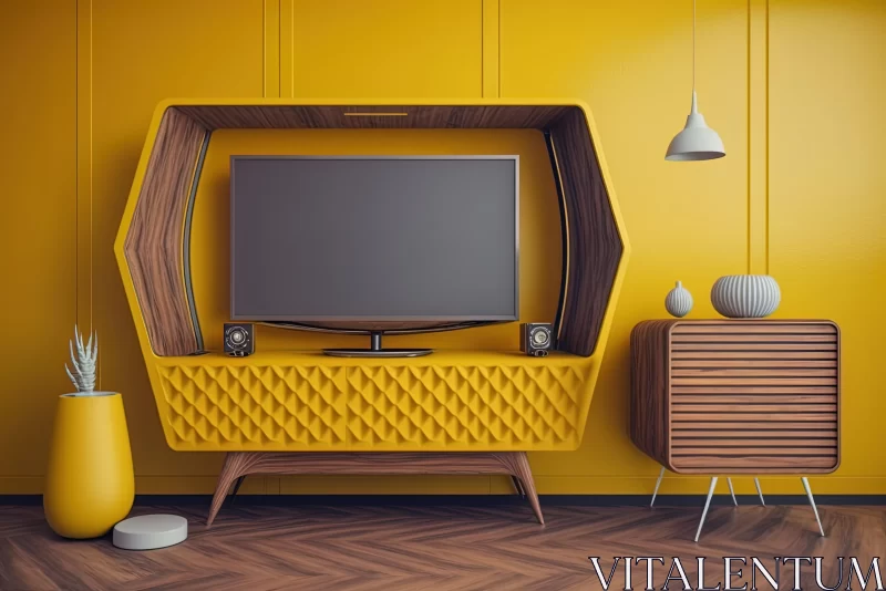 Retro TV Stand and Sofa in Yellow - Bold and Textured Design AI Image