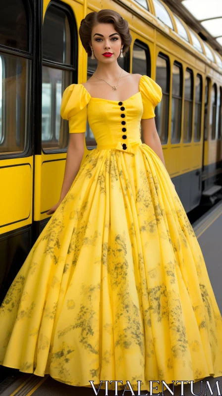 AI ART Vintage Woman in Yellow Dress by Yellow Train