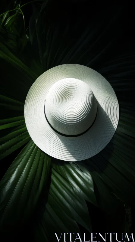 AI ART White Straw Hat on Palm Leaf - Natural Elegance