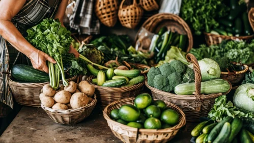Bountiful Harvest: Farmer Gathering Fresh Vegetables in Field