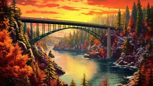 Bridge Over River in Fall Mountains