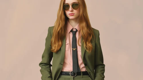 Confident Businesswoman in Olive Green Suit