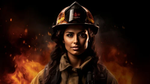 Courageous Female Firefighter Facing Blazing Fire