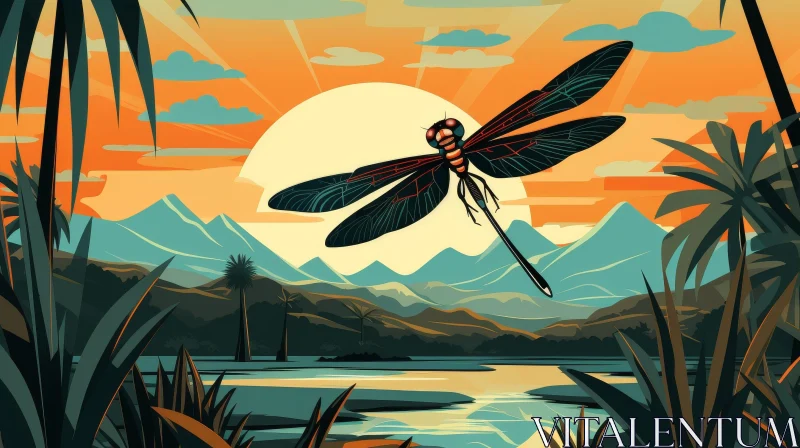 Dragonfly in Tropical Sunset Illustration AI Image