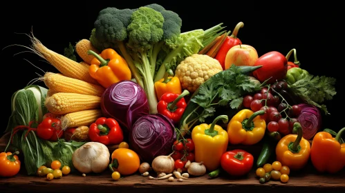 Fresh Vegetables and Fruits Displayed on Wooden Table