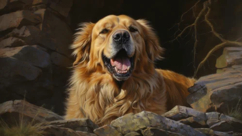 Golden Retriever Dog in Rocky Cave Painting